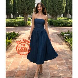 ZARA Blogger Fave Strapless Blue Midi Dress NWT